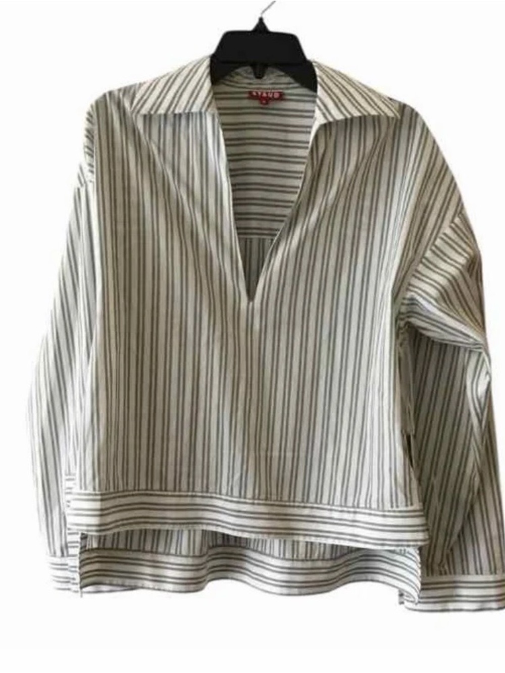 STAUD Marlene Shirt Green White Striped Oversized Popover Blouse